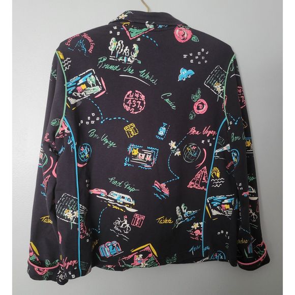 Koret Women's Vintage Black Novelty Travel Print Full Zip Jacket Pockets Size M - Picture 4 of 5